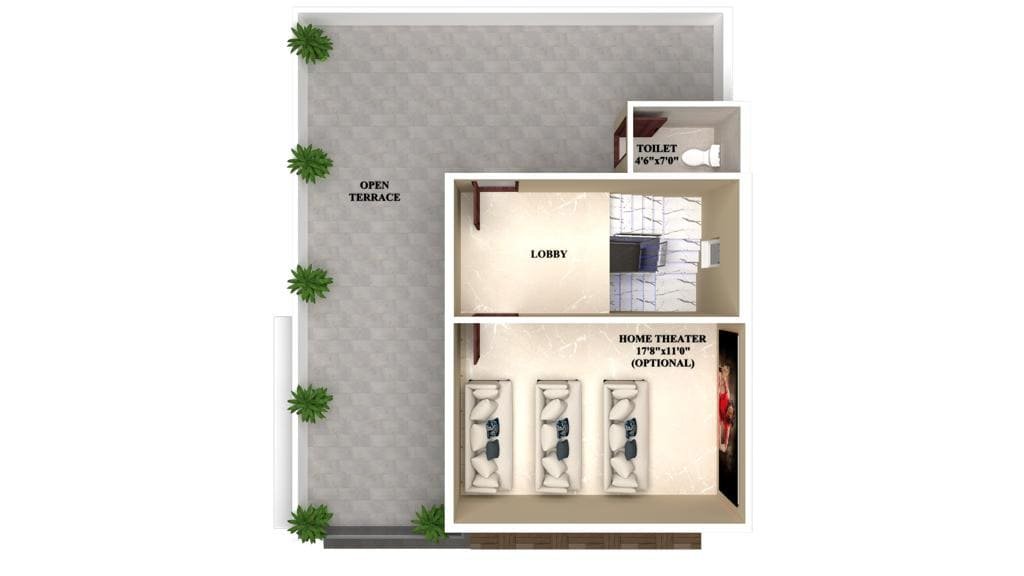 Lake View Nirvana Patancheru rooftop floor plan — spacious open terrace with optional home theatre room layout
